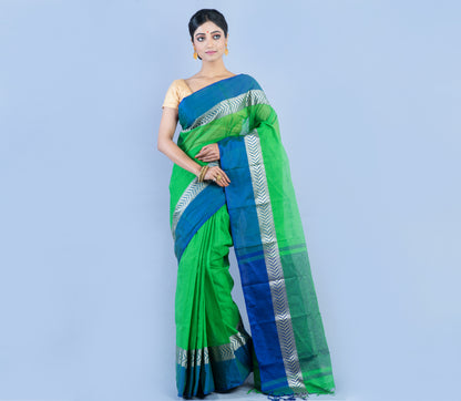 Tant Saree - Green With Blue Par - ArtisanSoul