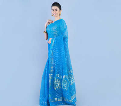 Handloom Saree With All over Zari Work - Blue