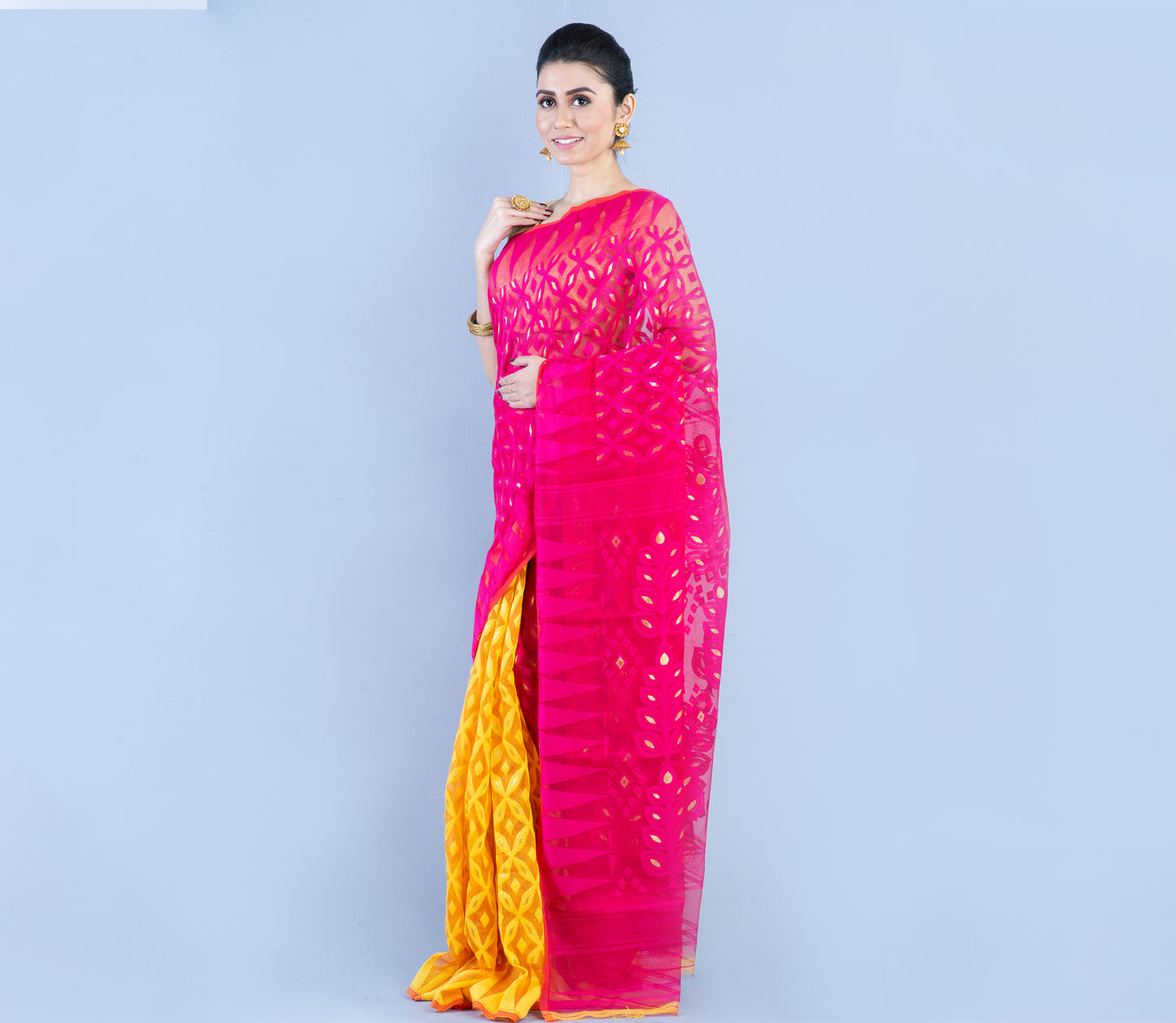 Minakari Jamdani Saree - Pink and Yellow