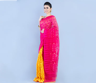 Minakari Jamdani Saree - Pink and Yellow