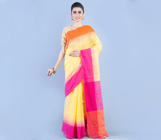 Handloom Saree With Ganga Jamuna Par - Pink & Orange on Yellow - ArtisanSoul