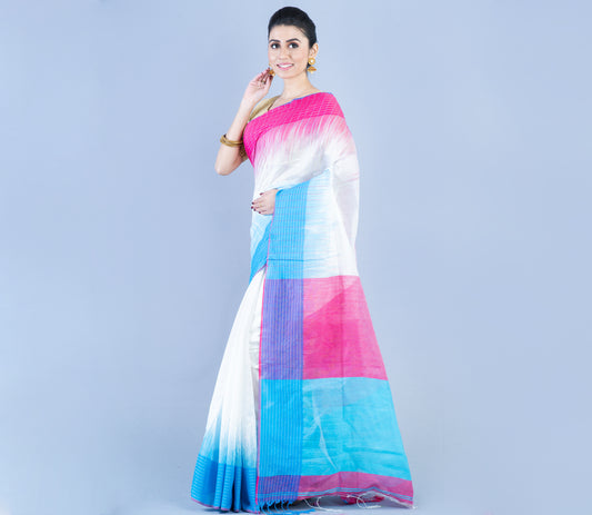 Handloom Saree With Ganga - Jamuna Par - Pink & Blue on White - ArtisanSoul