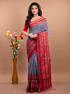 Handloom Cotton Saree - Grey with Red Paar