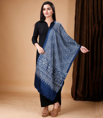 Ajrakh Print Modal Silk Stole From Bengal - Blue