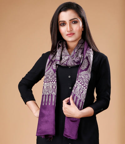 Ajrakh Print Modal Silk Stole From Bengal - Violet