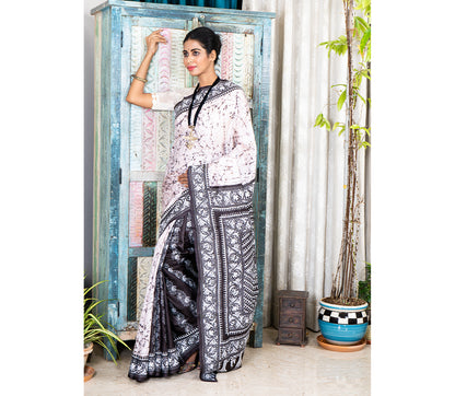 Kantha Stitch Work on Batik Printed Saree - White and Black