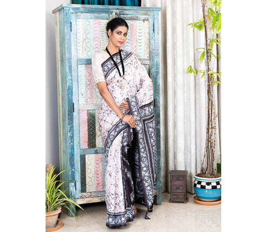 Kantha Stitch Work on Batik Printed Saree - White and Black