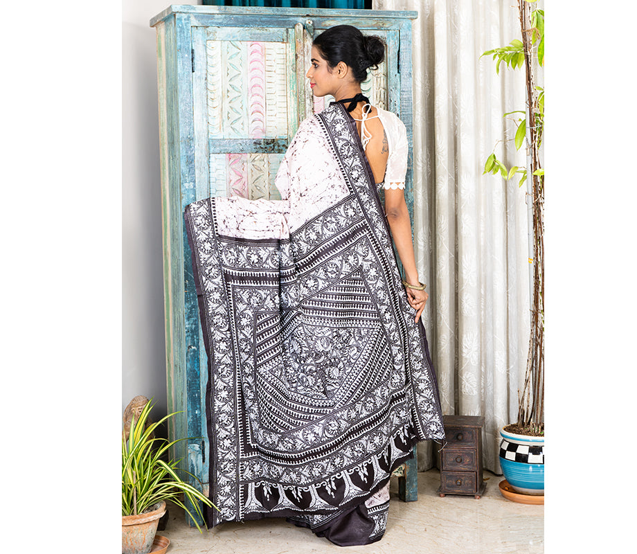 Kantha Stitch Work on Batik Printed Saree - White and Black