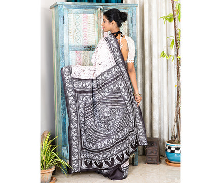 Kantha Stitch Work on Batik Printed Saree - White and Black