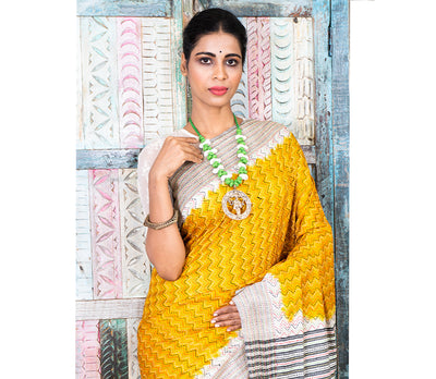 Kantha Stitch on Silk Saree with Jalchuri Pattern - Yellow