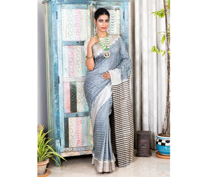 Kantha Stitch on Silk Saree with Jalchuri Pattern - Grey