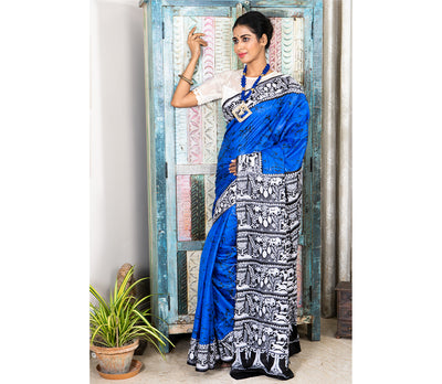 Kantha Stitch Work on Batik Printed Saree - Blue and Black