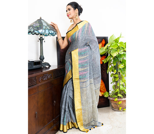 Linen Saree with Jamdani Work - Grey