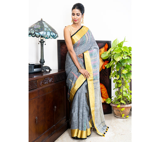 Linen Saree with Jamdani Work - Grey