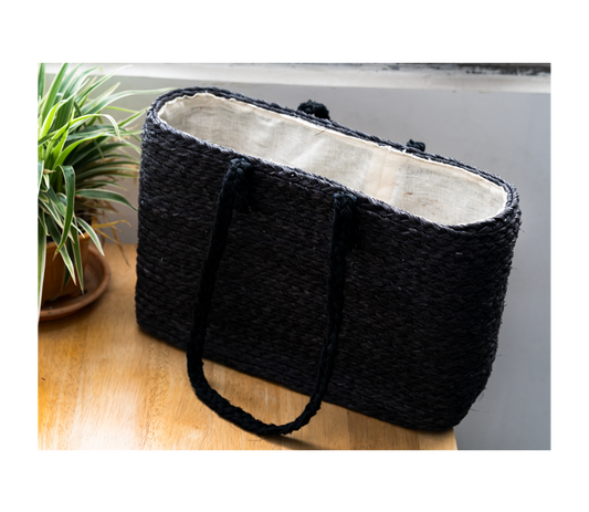 Sabai Grass Hand Bag with Cloth lining - Black (Rectangle)