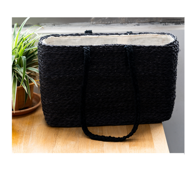 Sabai Grass Hand Bag with Cloth lining - Black (Rectangle)