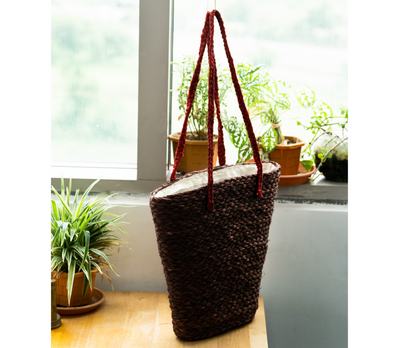 Multi Utility Cloth Lining Bag of Sabai Grass- Brown with Maroon Handel