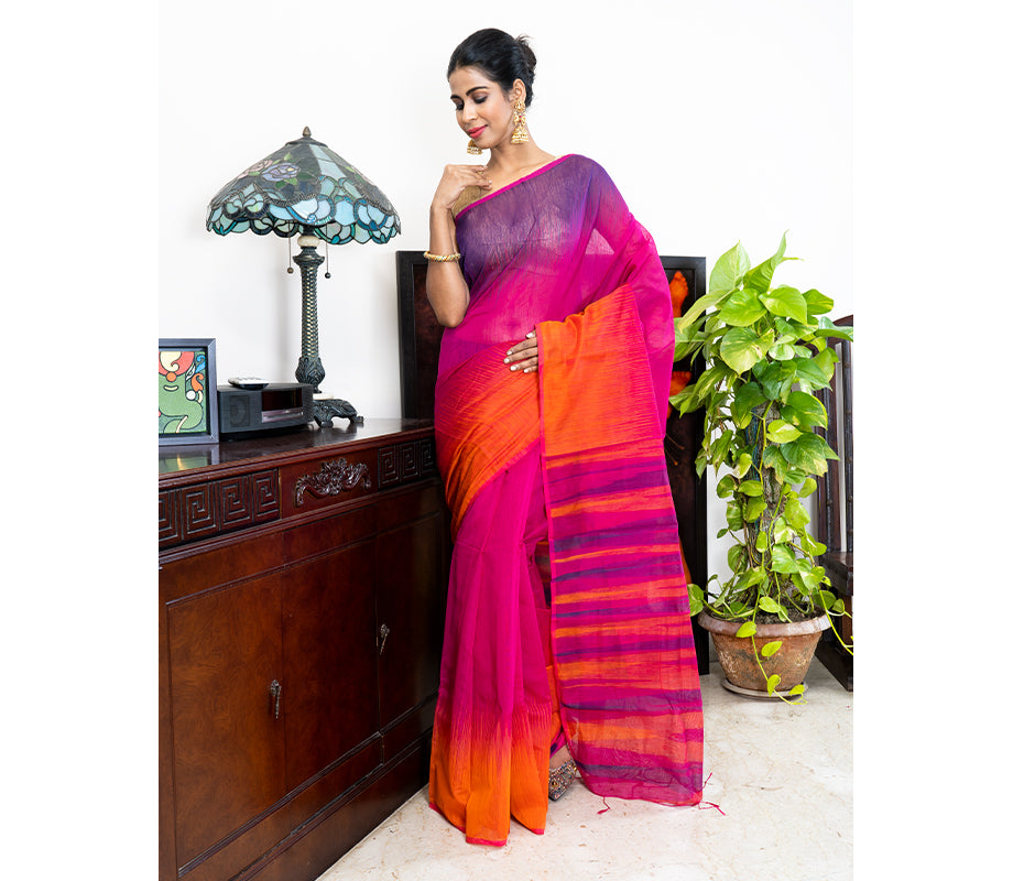 Handloom Ikkat Saree - Orange & Navy Blue on Purple