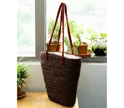 Multi Utility Cloth Lining Bag of Sabai Grass- Brown with Maroon Handel