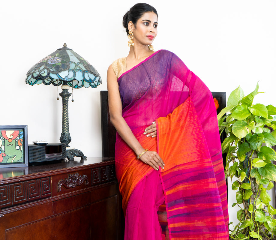 Handloom Ikkat Saree - Orange & Navy Blue on Purple