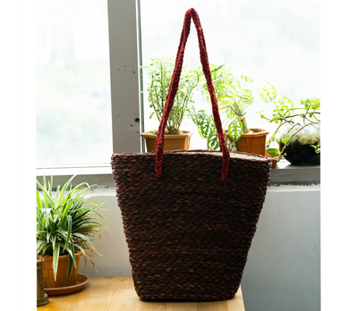 Multi Utility Cloth Lining Bag of Sabai Grass- Brown with Maroon Handel