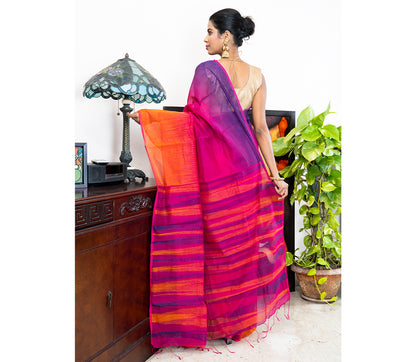 Handloom Ikkat Saree - Orange & Navy Blue on Purple