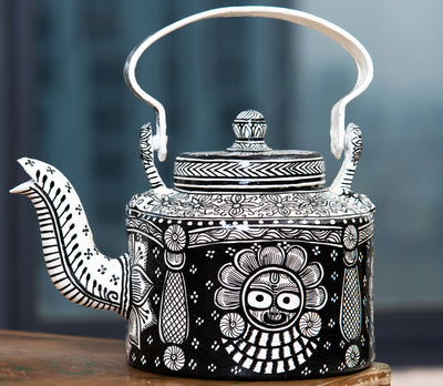 Pattachitra on Aluminium Kettle from Odisha - Black and White