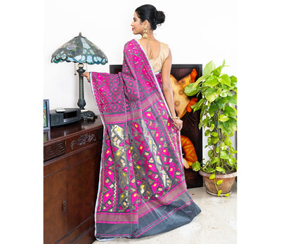 Handloom Jamdani Saree - Purple on Grey