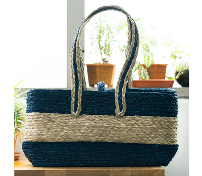 Hand bag of Sabai Grass from Bengal - Natural & Blue