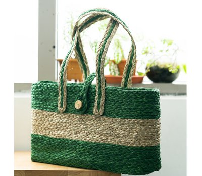 Rectangular Hand Bag of Sabai Grass - Natural & Green