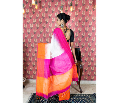 Handloom Saree With Ganga-Jamuna Par - Pink & Orange on White
