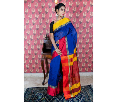 Handloom Saree with Red & Yellow Par on Blue
