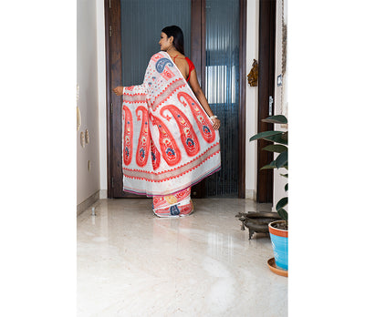 Handloom Jamdani Saree with all body Work - Red & Blue on White
