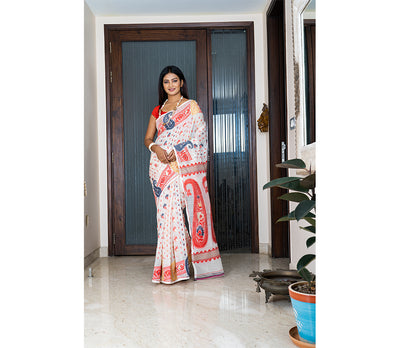 Handloom Jamdani Saree with all body Work - Red & Blue on White