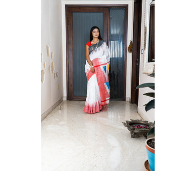 Handloom work on Linen Jamdani - White and Red