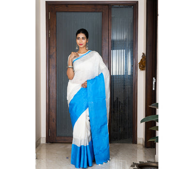 Linen Saree with Mahapaar - Blue and White