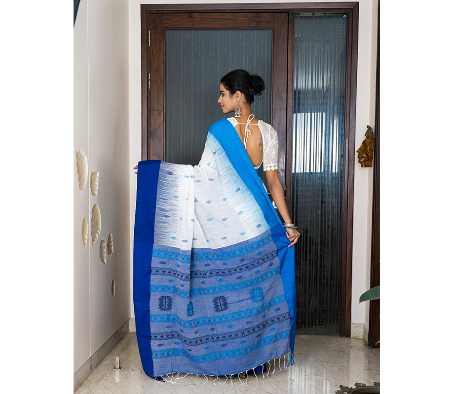 Handloom Cotton Saree with Anchal Kuchi Design in Navy Blue - ArtisanSoul
