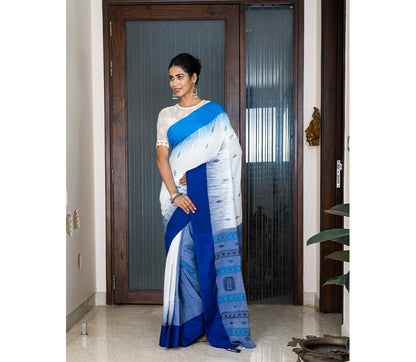 Handloom Cotton Saree with Anchal Kuchi Design in Navy Blue - ArtisanSoul