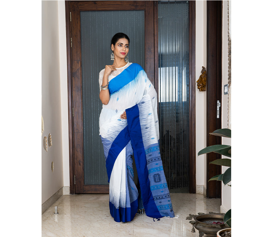 Handloom Cotton Saree with Anchal Kuchi Design in Navy Blue - ArtisanSoul