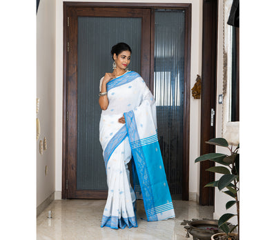 Handloom Saree with Work all Over the Saree - Blue and White