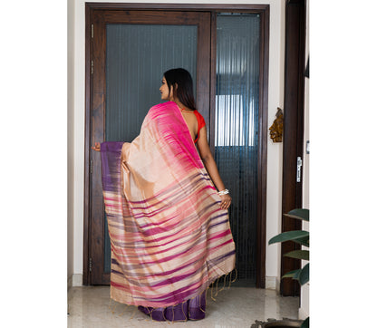 Handloom Ikkat Saree - Pink and Navy Blue on Peach