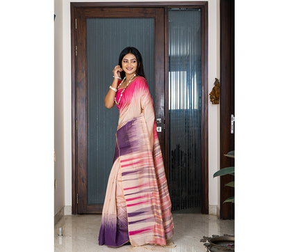 Handloom Ikkat Saree - Pink and Navy Blue on Peach
