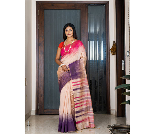 Handloom Ikkat Saree - Pink and Navy Blue on Peach