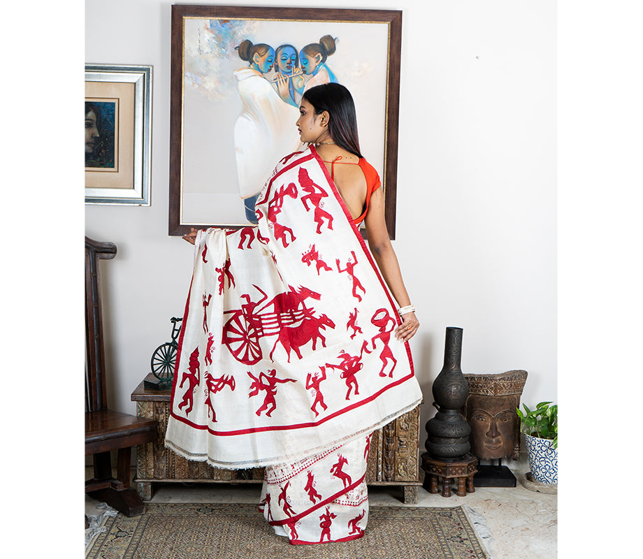 Kantha Stitch Applique Design Saree - Red on Tussar