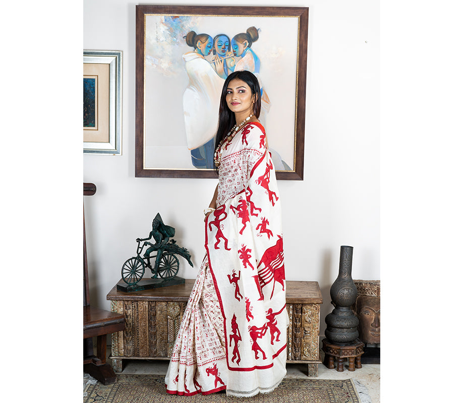 Kantha Stitch Applique Design Saree - Red on Tussar