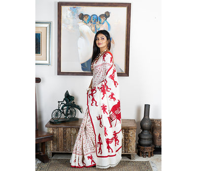 Kantha Stitch Applique Design Saree - Red on Tussar