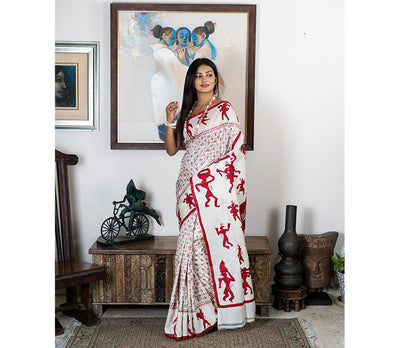 Kantha Stitch Applique Design Saree - Red on Tussar