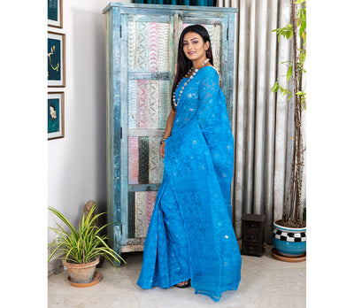 Handloom Jamdani Saree With all Body Work - Blue