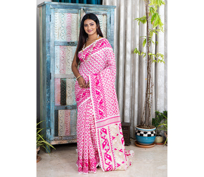Handloom Jamdani Saree - Pink on White