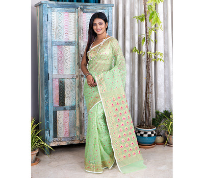 Handloom Muslin Silk - Green with Minakari Design